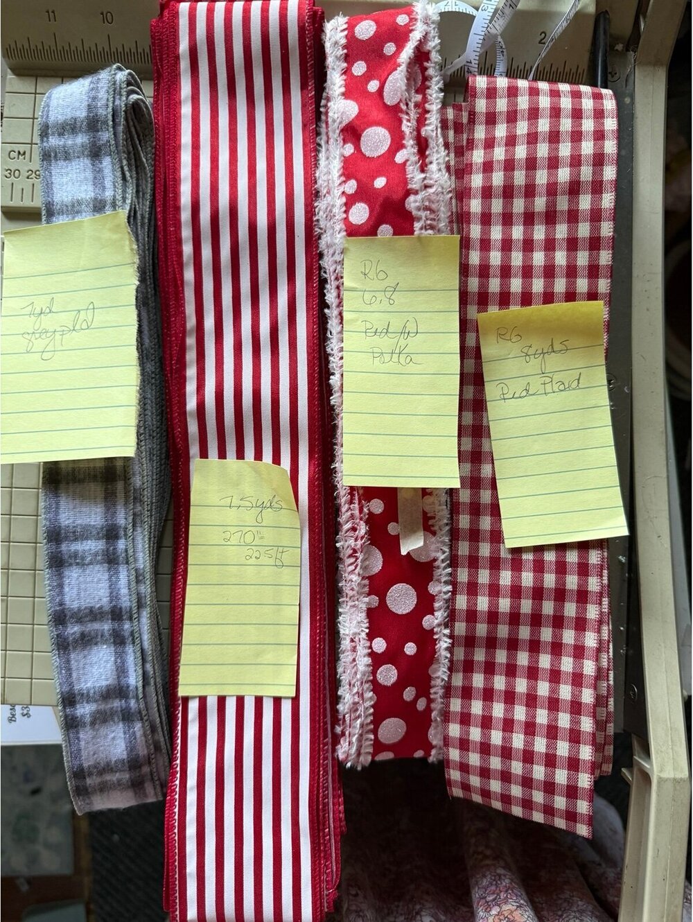 Lot of Wired Ribbon 2.5 & 1.5” Red Polka Dot Stripes Grey Plaid 28 yds Supplies